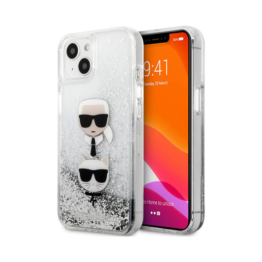 Karl Lagerfeld Liquid Glitter Karl & Choupette Kopf Case, Silber - iPhone 13 mini