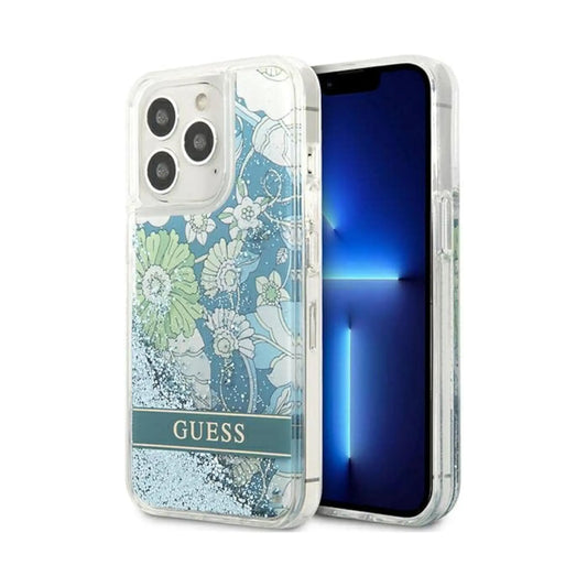 Guess Hülle Liquid Glitter Flower Blau Grün - iPhone 13 Pro