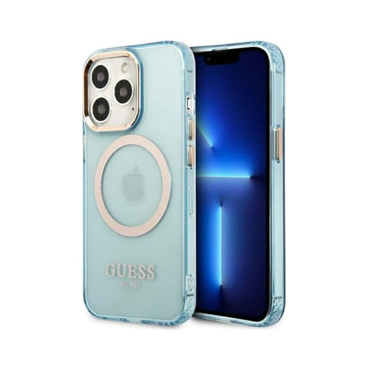 Guess GUHMP13XHTCMB Gold Outline Translucent MagSafe Case, Blau – iPhone 13 Pro Max