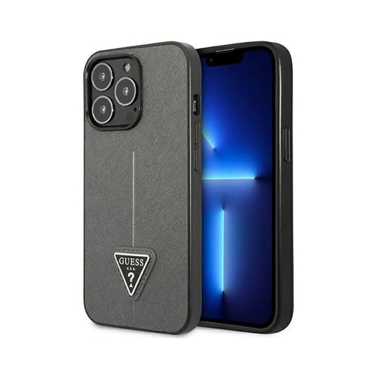 Guess Hülle GUHCP14XPSATLG Saffiano Triangle Logo Silber – iPhone 14 Pro Max