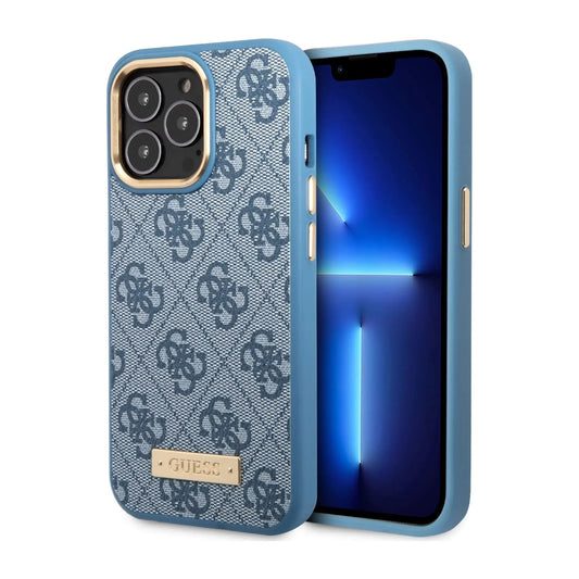 Guess GUHMP14LU4GPRB Hülle 4G Logo Platte Für Magsafe Blau - iPhone 14 Pro