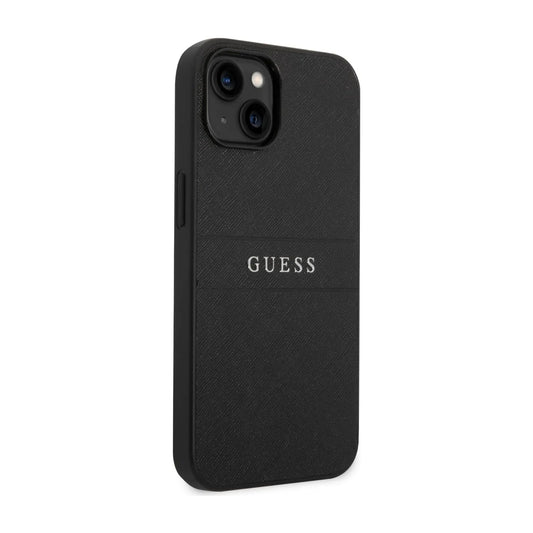 Guess Hülle Saffiano Metal Logo Stripes Schwarz - iPhone 14 Plus