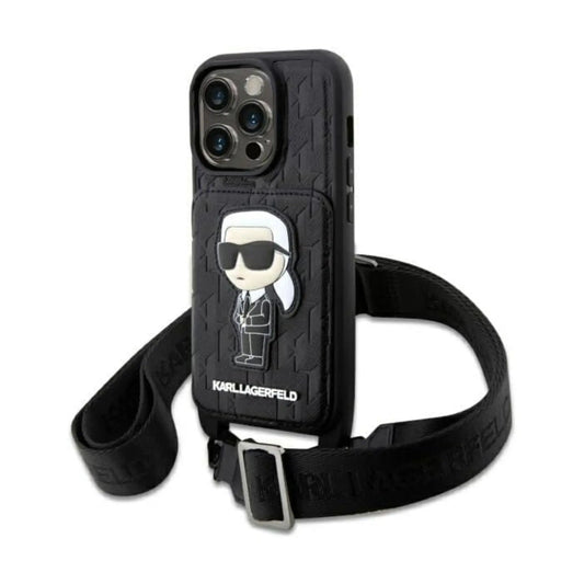 Karl Lagerfeld Saffiano Monogram Crossbody Ikonik NFT Case, Schwarz - iPhone 14 Pro