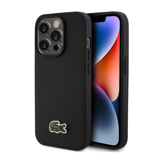 Lacoste iPhone 15 Pro Max Hülle, Schwarz – Iconic Petit Piqué Woven Logo MagSafe