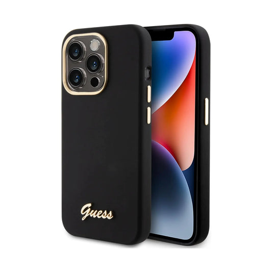 Guess Hülle Silicone Script Metal Logo & Frame Schwarz - iPhone 15 Pro