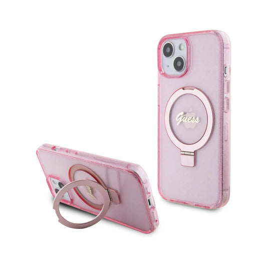 Guess IML Ring Stand Glitter Für Magsafe Rosa - iPhone 15