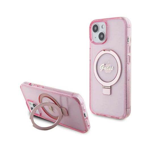 Guess Hülle Ring Stand Script Glitter MagSafe Pink - iPhone 15 Plus