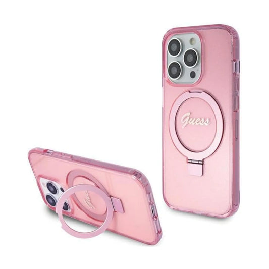 Guess Hülle Ring Stand Script Glitter MagSafe Rosa - iPhone 15 Pro