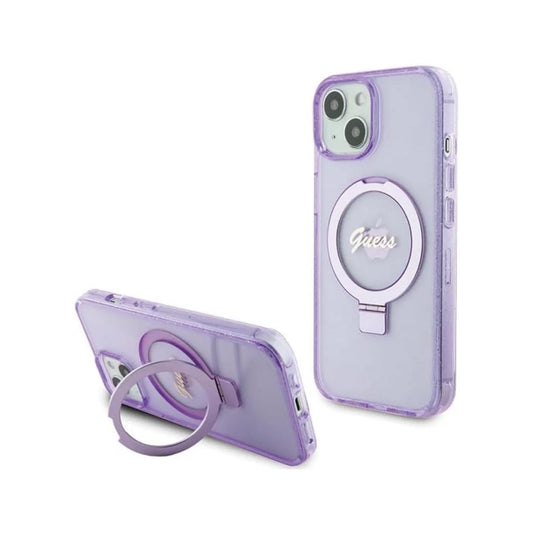 Guess Hülle Ring Stand Script Glitter MagSafe Lila - iPhone 15 Plus