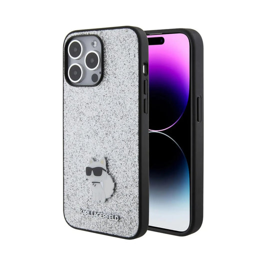 Karl Lagerfeld Glitzer Metallpin Choupette Logo Case, Silber - iPhone 15 Pro Max
