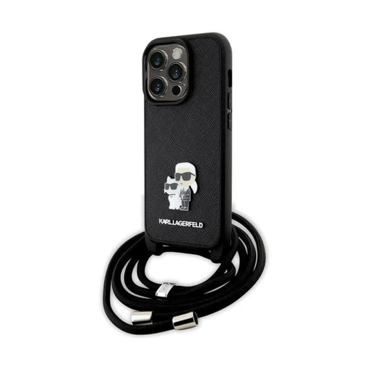 Karl Lagerfeld Crossbody Saffiano Metal Pin Karl & Choupette Hardcase KLHCP14LSAKCPSK, Schwarz - iPhone 14 Pro