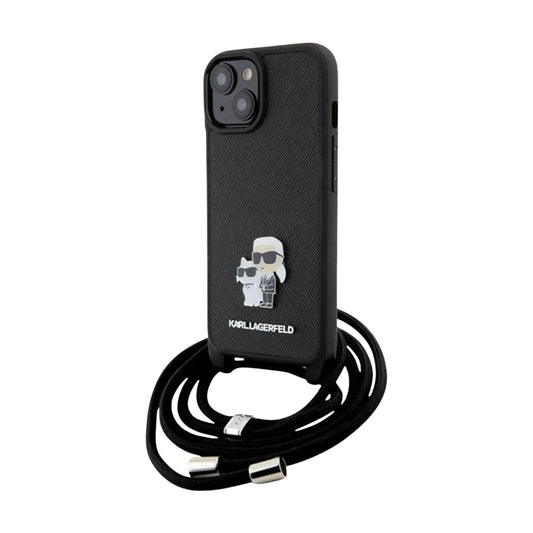 Karl Lagerfeld Hülle Crossbody Saffiano Metall Pin Karl & Choupette Schwarz – iPhone 15