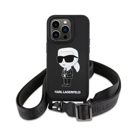 Karl Lagerfeld Crossbody Silikon Ikonik Hardcase KLHCP15SSCBSKNK, Schwarz - iPhone 15