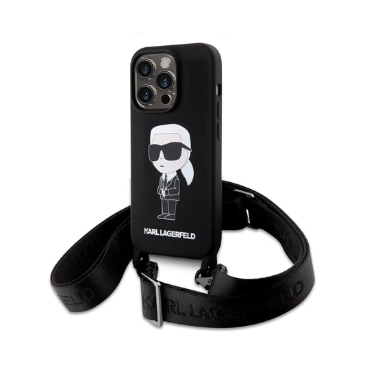 Karl Lagerfeld Liquid Silikon Crossbody Ikonik Case, Schwarz - iPhone 15 Pro Max