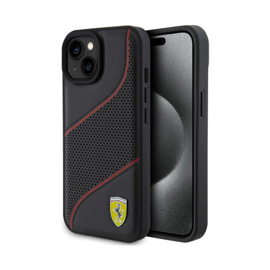 Ferrari Hülle Perforated Waves Metalllogo Schwarz – iPhone 15