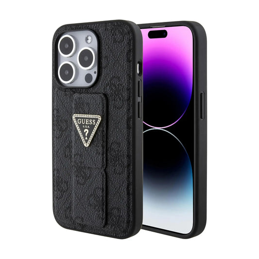 Guess Hülle Grip Stand 4G Strass Triangle Metal Logo Schwarz - iPhone 15 Pro Max