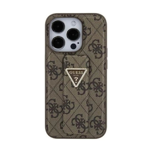 Guess Hülle Grip Stand 4G Triangle Strass Logo Braun - iPhone 15