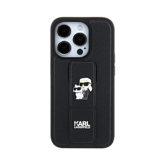 Karl Lagerfeld Gripstand Saffiano Karl & Choupette Pins Case, Schwarz - iPhone 11