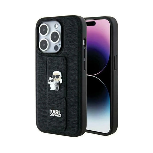 Karl Lagerfeld Gripstand Saffiano Karl & Choupette Pins Case, Schwarz - iPhone 14 Pro Max