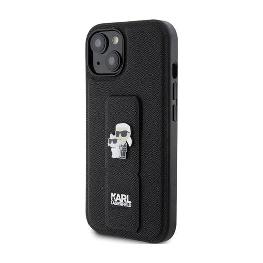 Karl Lagerfeld Gripstand Saffiano Karl & Choupette Pins Case, Schwarz - iPhone 15