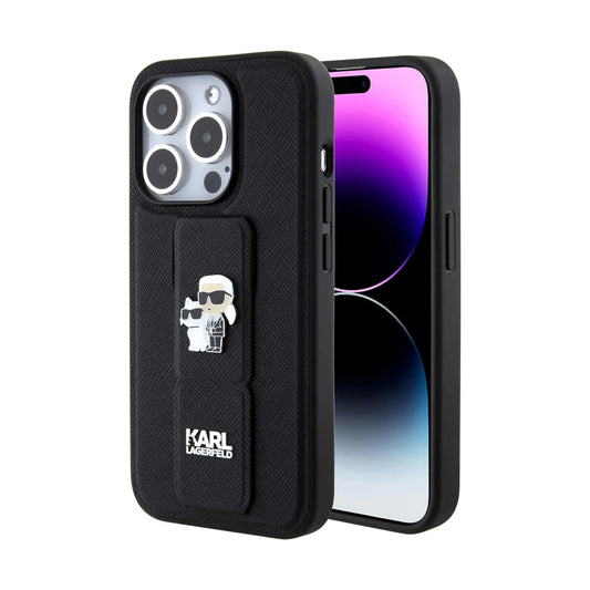 Karl Lagerfeld Gripstand Saffiano Karl & Choupette Pins Case, Schwarz - iPhone 15 Pro Max