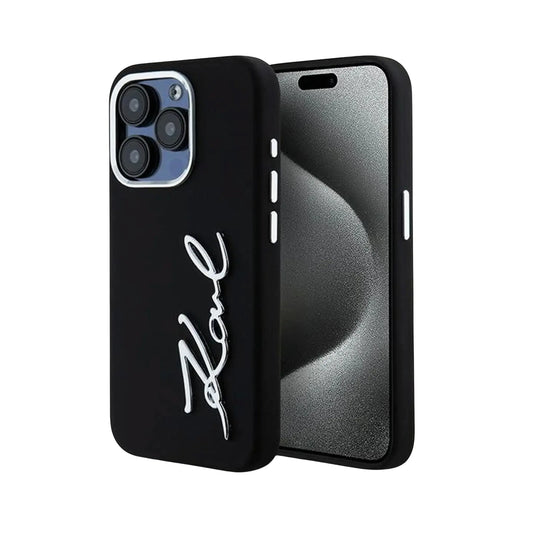 Karl Lagerfeld KLHCP15LSCMSMVK Silicone Metal Script Logo Case, Schwarz – iPhone 15 Pro