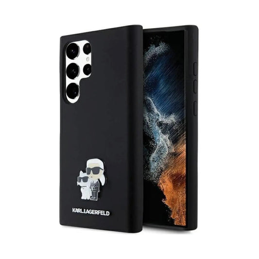 Karl Lagerfeld Silicone Karl & Choupette Metal Pin Case, Schwarz – Galaxy S24 Ultra