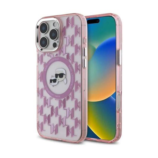 Karl Lagerfeld Hülle IML Monogramm Karl & Choupette Head MagSafe Pink - iPhone 16 Pro Max
