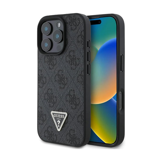 Guess 4G Strass Hülle mit Dreieckslogo – iPhone 16 Pro Max, Schwarz