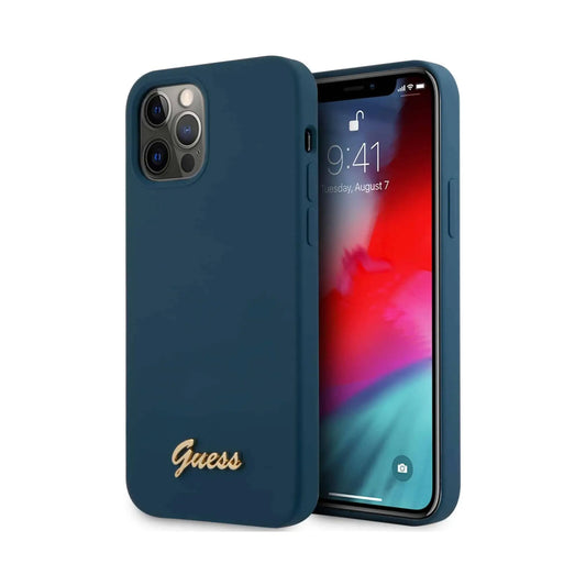 Guess GUHCP12LLSLMGBL Hülle Metall Logo Schrift Blau - iPhone 12 Pro Max