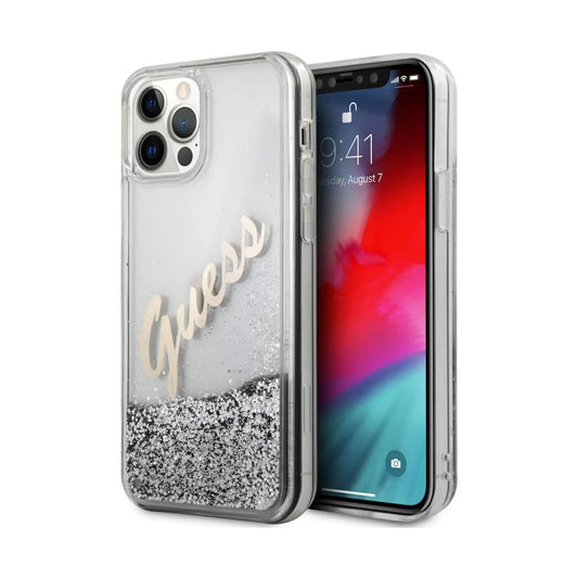 Guess Glitter Vintage Script Case, Silber - iPhone 12 Pro Max