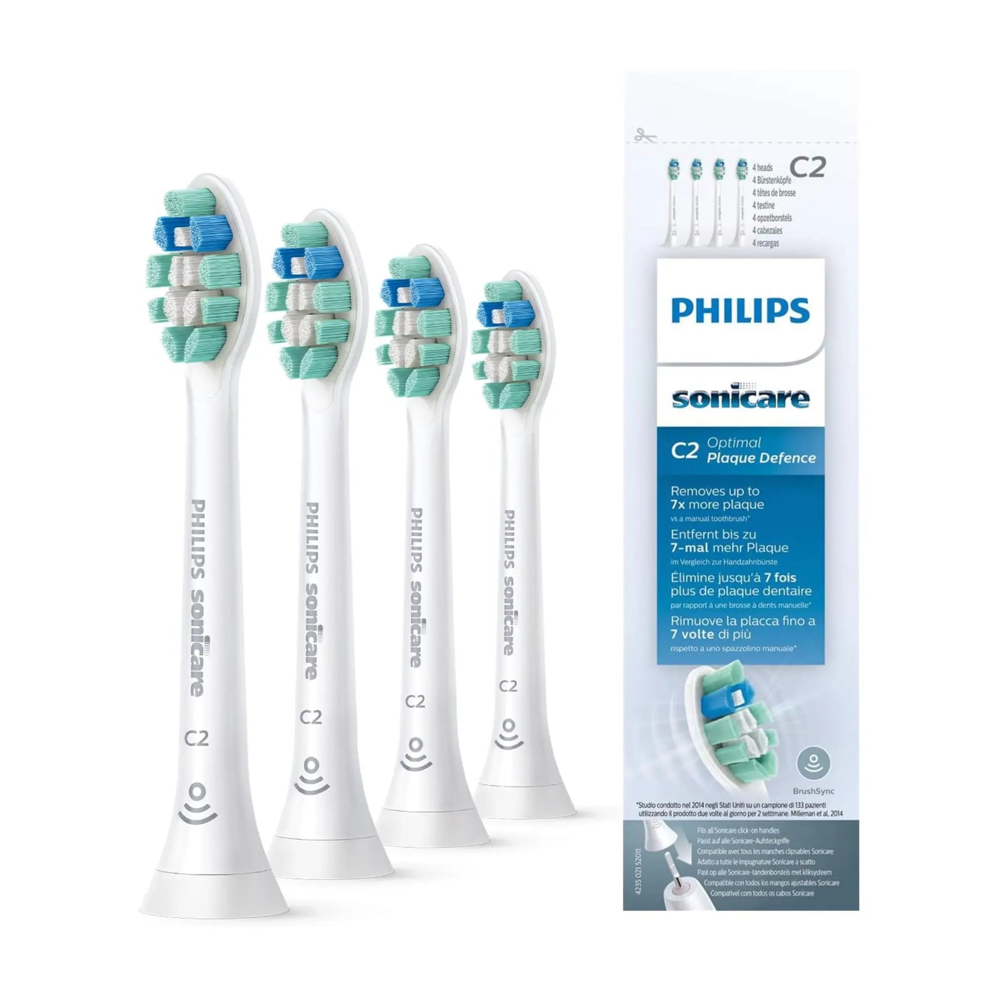 Das Bild zeigt die Philips Sonicare C2 Optimal Plaque Defence Aufsteckbürsten 4er Pack in Weiß aus der Schrägansicht.