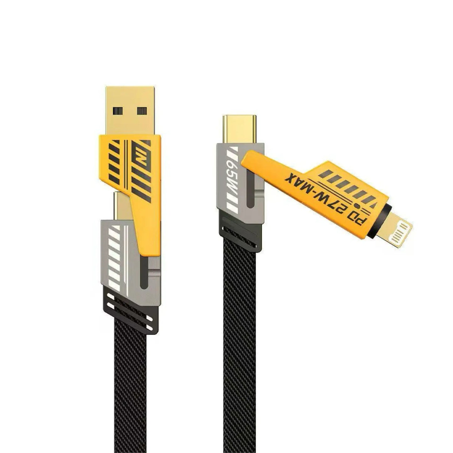 Das Bild zeigt das Firelia Ladekabel mit drei Anschlüssen. USB-C, USB-A und Lightning Anschluss.