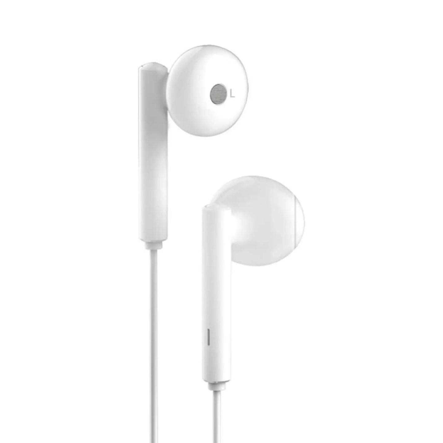 Das Bild zeigt die Huawei AM115 In-Ear-Kopfhörer in Weiß, kabelgebunden mit 3,5-mm-Klinkenanschluss aus der Detailansicht.