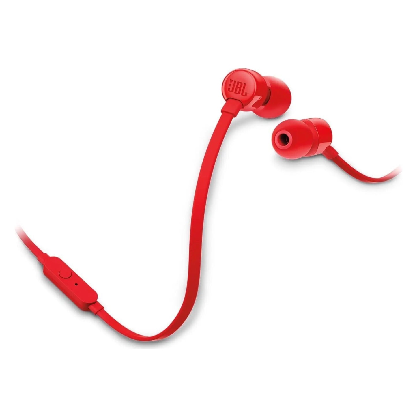 Das Bild zeigt die JBL Tune 110 In-Ear-Kopfhörer in Rot aus der Detailansicht.