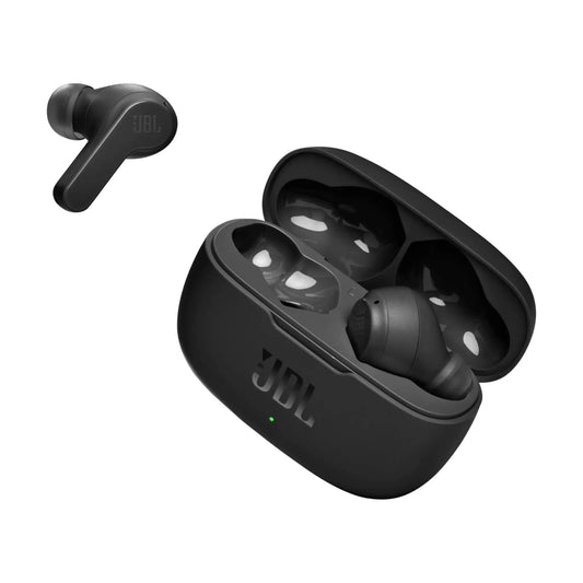 Das Bild zeigt die JBL Wave 200TWS In-Ear-Kopfhörer in Schwarz aus der Schrägansicht.