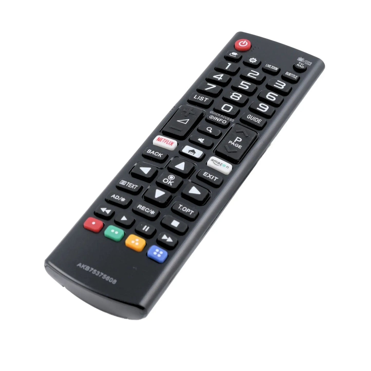 Das Bild zeigt die LG AKB75375608 Fernbedienung in Schwarz aus der Seitenansicht.