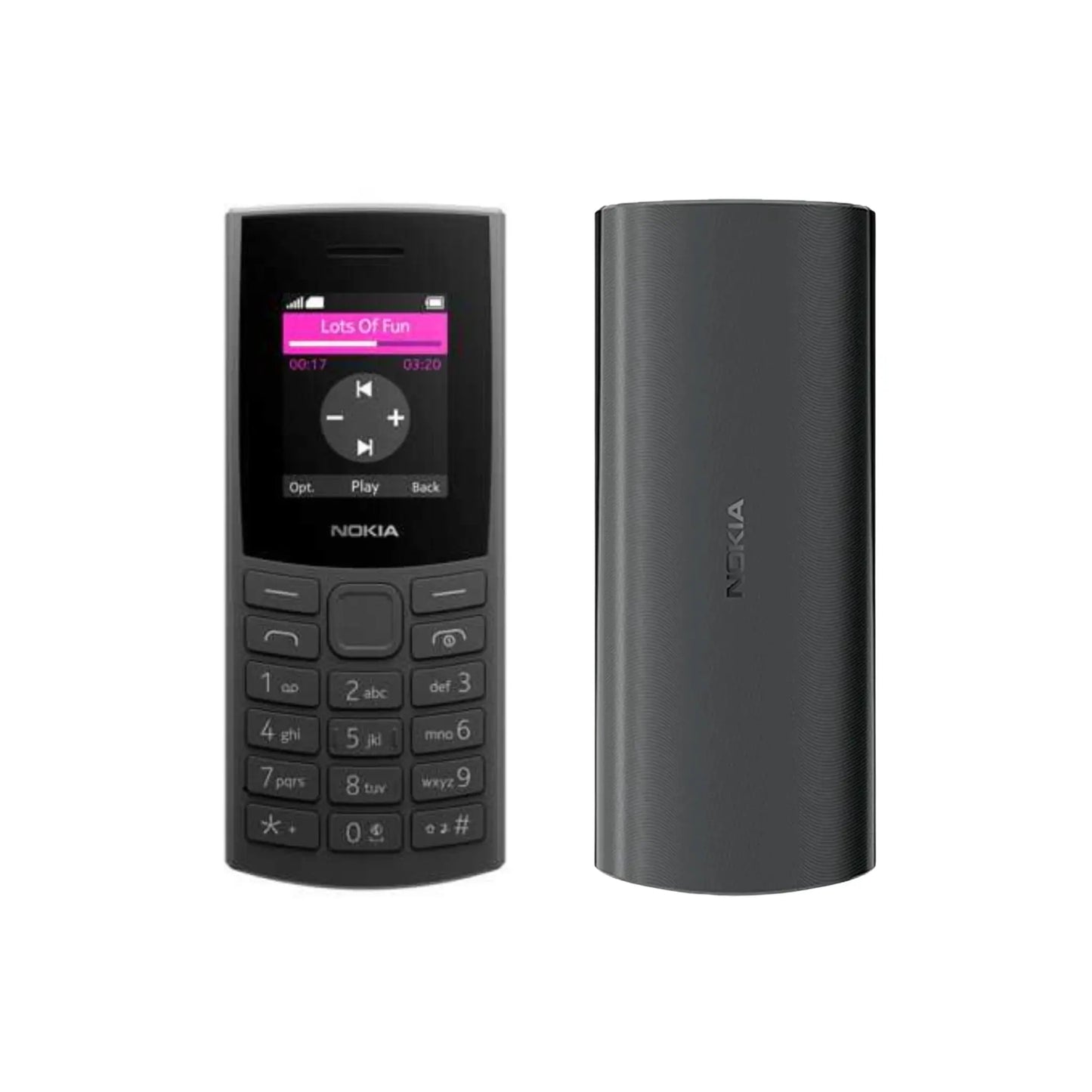 Das Bild zeigt das Nokia 105 (2023) 4G Pro Handy in Schwarz aus der Detailansicht.