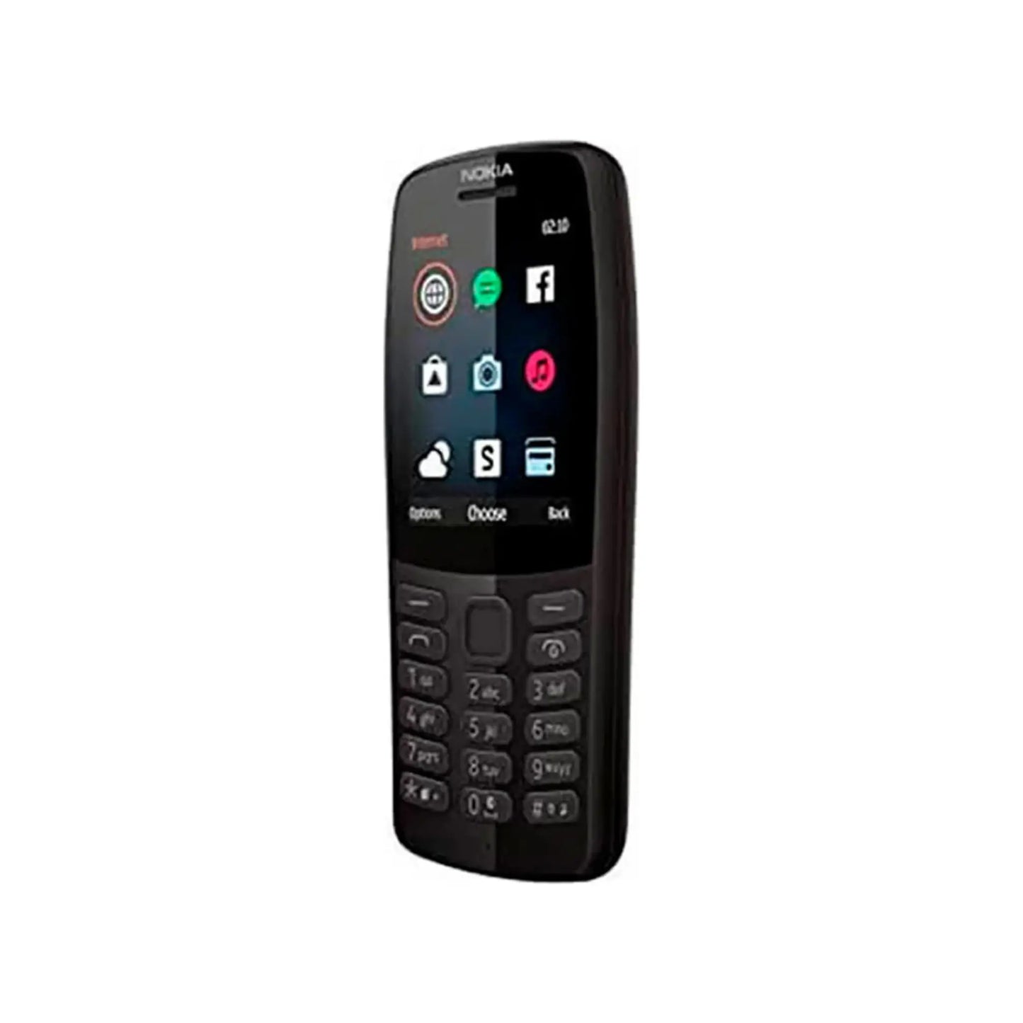 Das Bild zeigt das Nokia 210 (2019) 2G Handy in Schwarz aus der Schrägansicht.