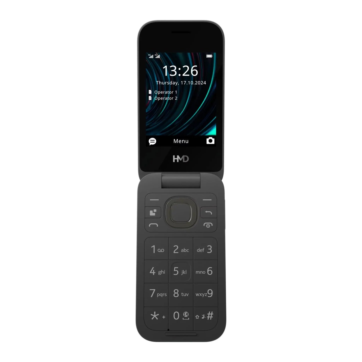 Das Bild zeigt das Nokia 2660 Flip Handy in Schwarz aus der Frontansicht.