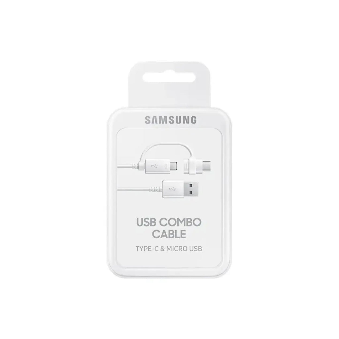 Das Bild zeigt das Samsung EP‑DG930 2‑in‑1 Datenkabel (Micro‑USB und USB‑C) in der Originalverpackung.