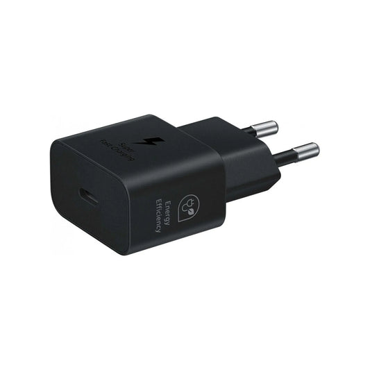 Das Bild zeigt das Samsung EP‑T2510N Ladegerät mit 25 W in Schwarz aus der Seitenansicht.