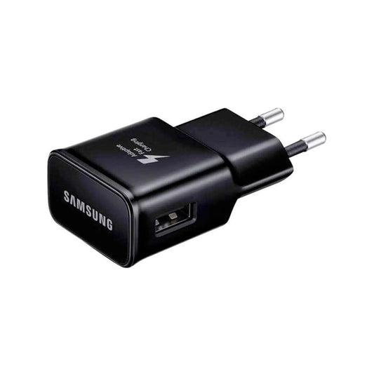 Das Bild zeigt das Samsung EP-TA20 Ladegerät 15W in Schwarz aus der Seitenansicht.