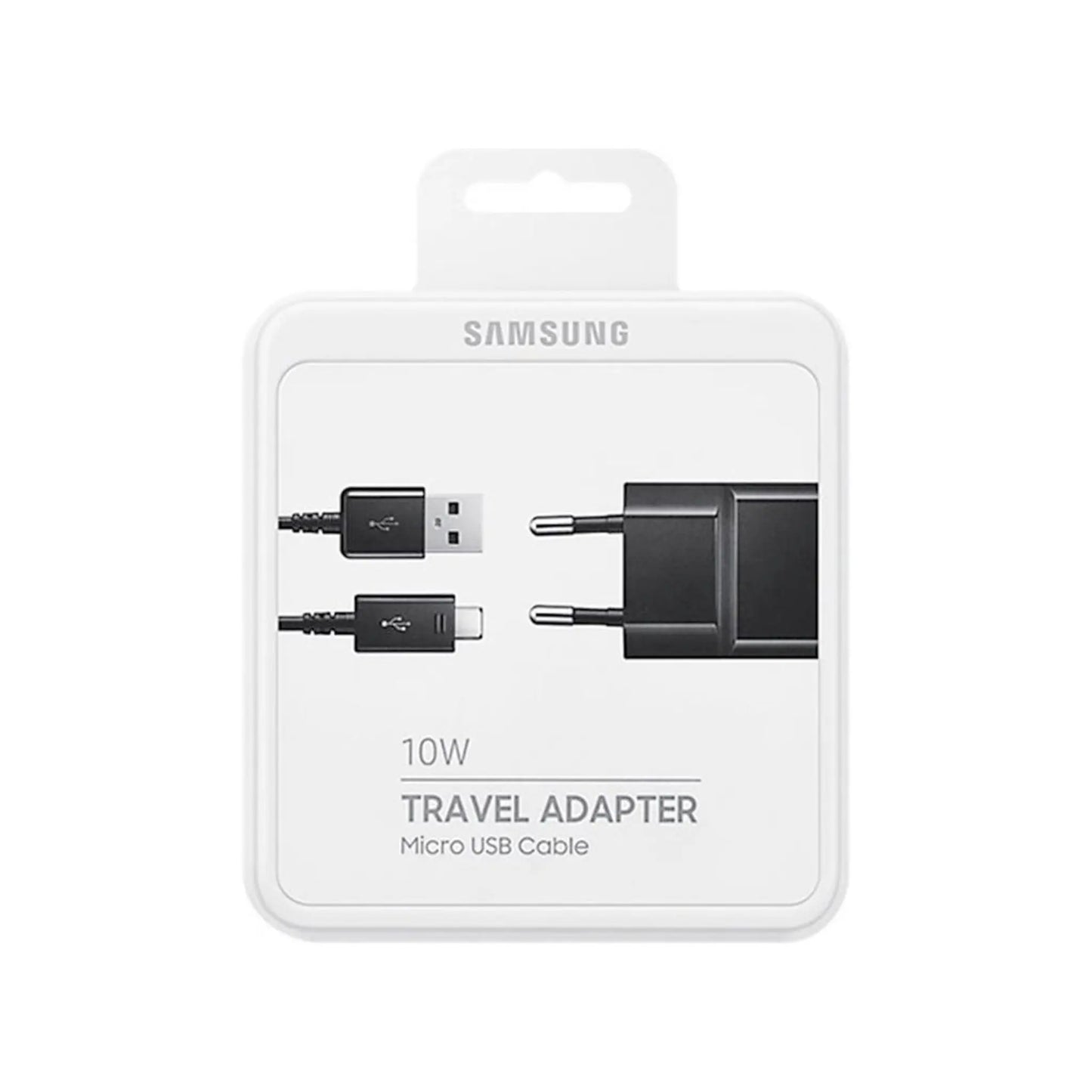Das Bild zeigt die Verpackung vom Samsung ETA-U90EBE Ladegerät 10W inkl. Ladekabel Micro-USB in Schwarz.