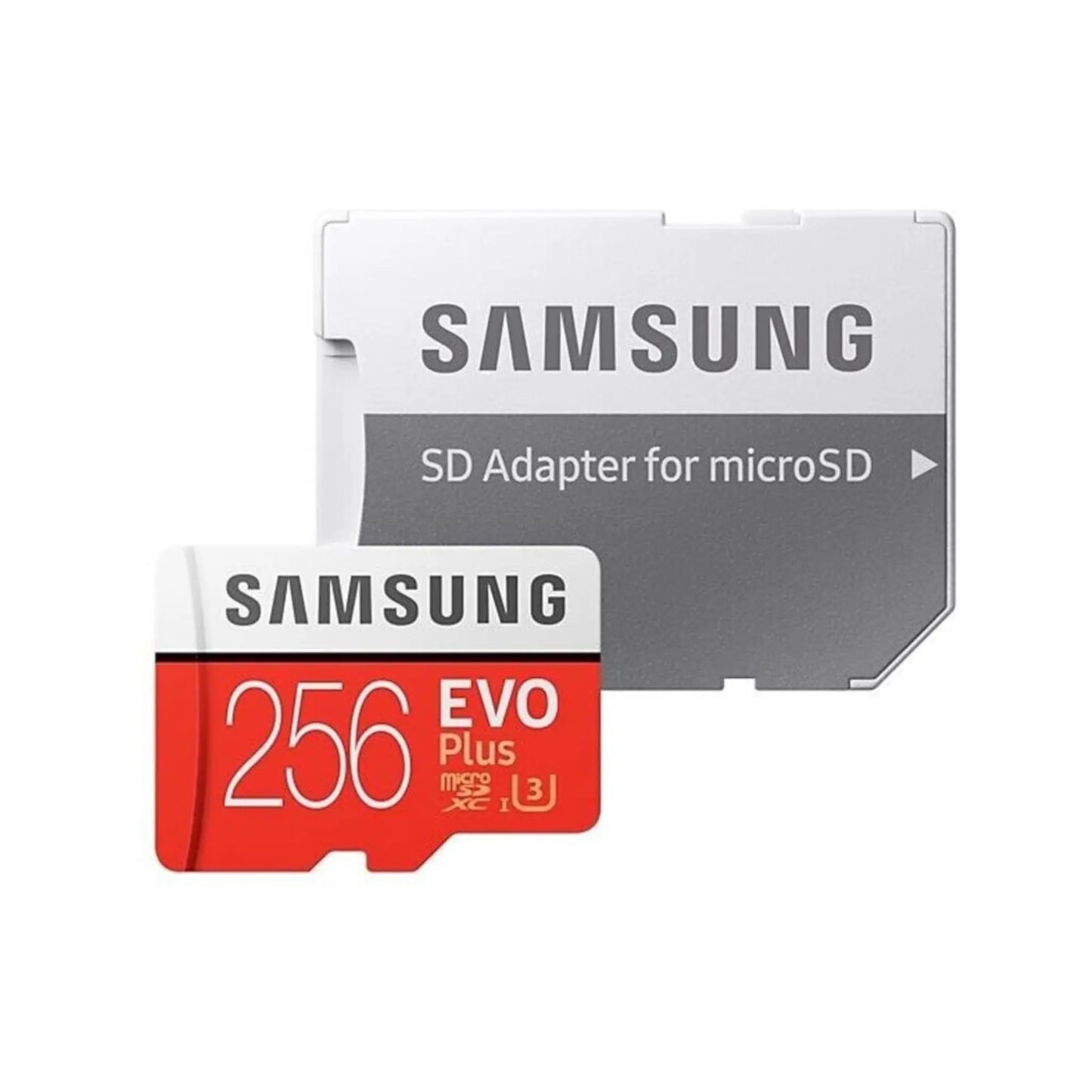 Das Bild zeigt die Samsung EVO PLUS Micro-SDXC Speicherkarte inkl. Adapter und mit 256 GB Speicherkapazität.