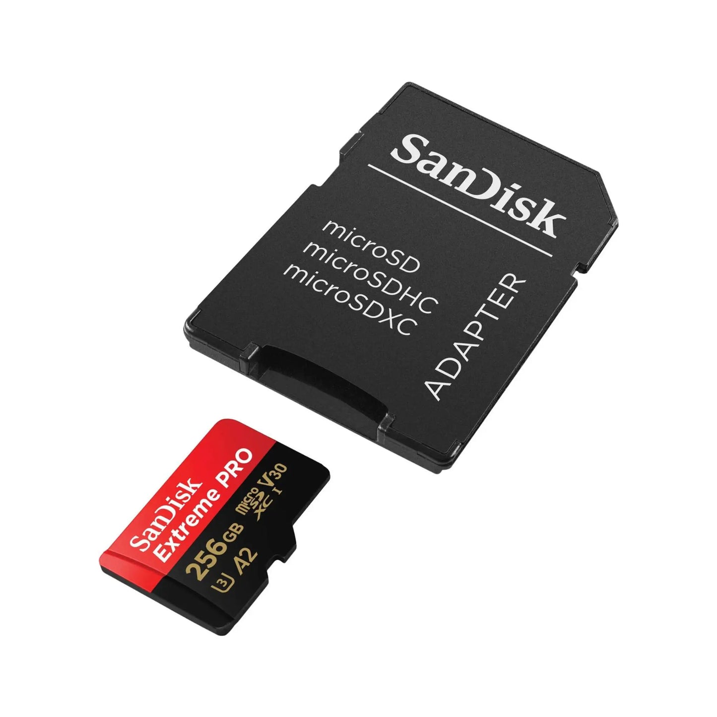 Das Bild zeigt die SanDisk Extreme® PRO microSDXC - UHS-I Speicherkarte mit 256 GB Speicherkapazität in der Schrägansicht und inklusive Adapter.