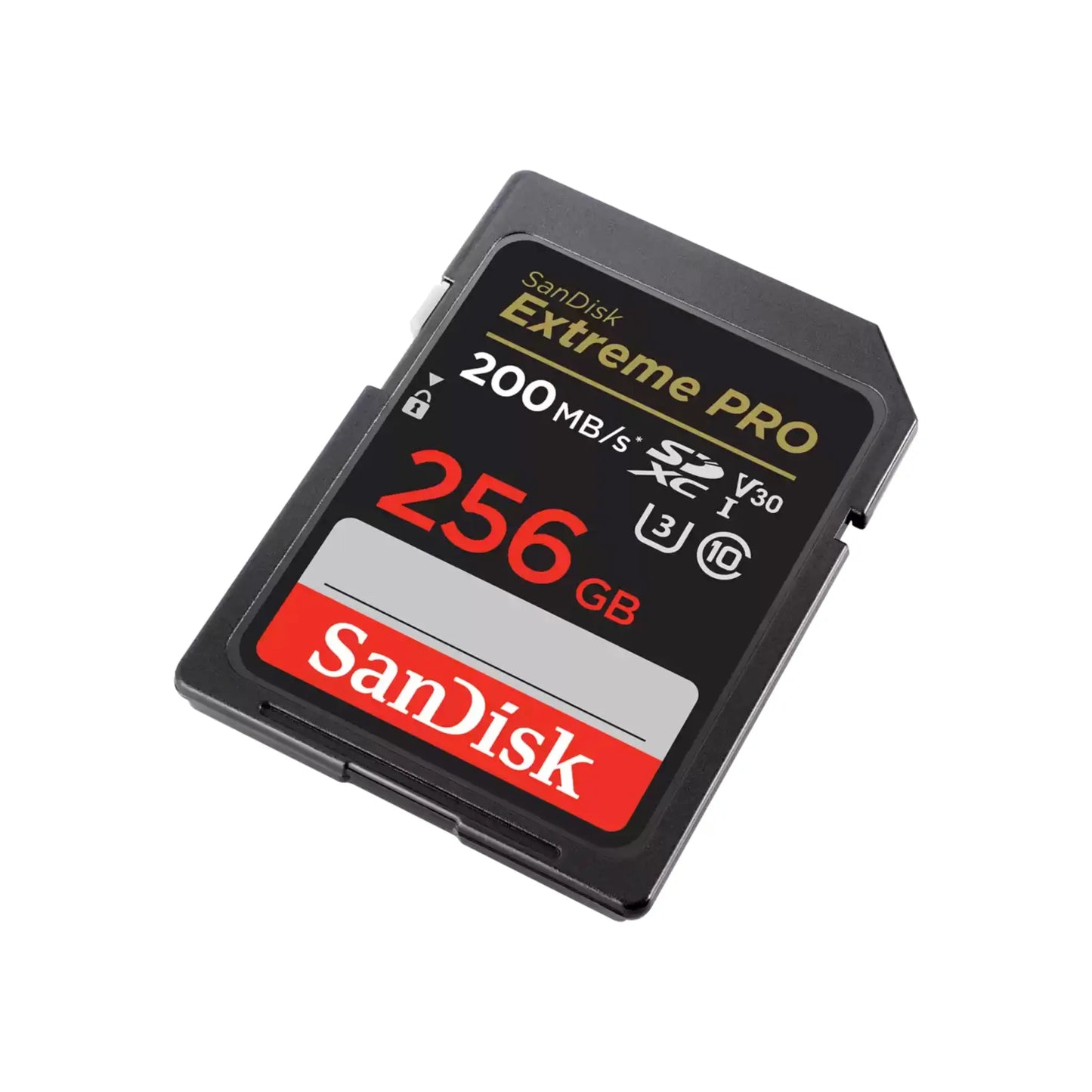 Das Bild zeigt die SanDisk Extreme Pro SDXC Speicherkarte 256 GB mit 200 MB/s aus der Schrägansicht.