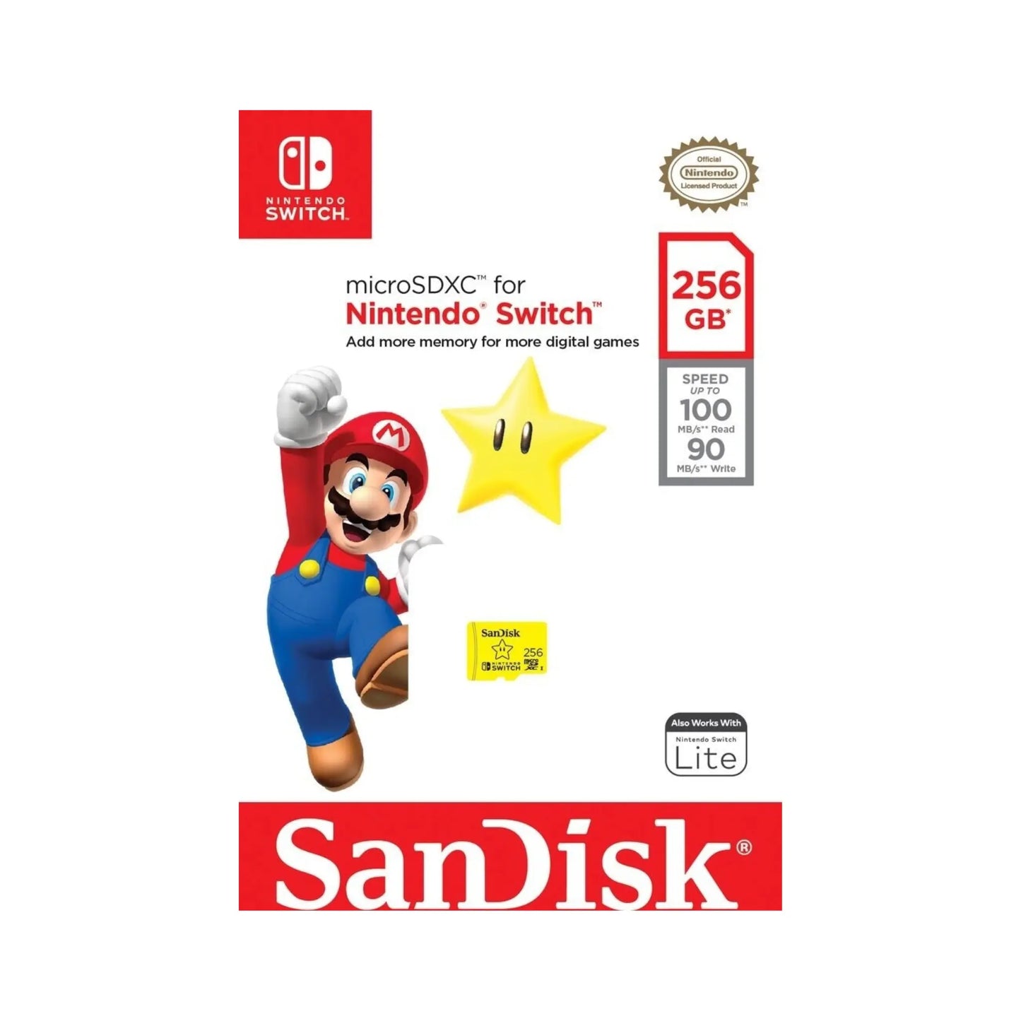 Das Bild zeigt die SanDisk Nintendo Switch microSDXC™- UHS-I Speicherkarte mit 256 GB Speicherkapazität.