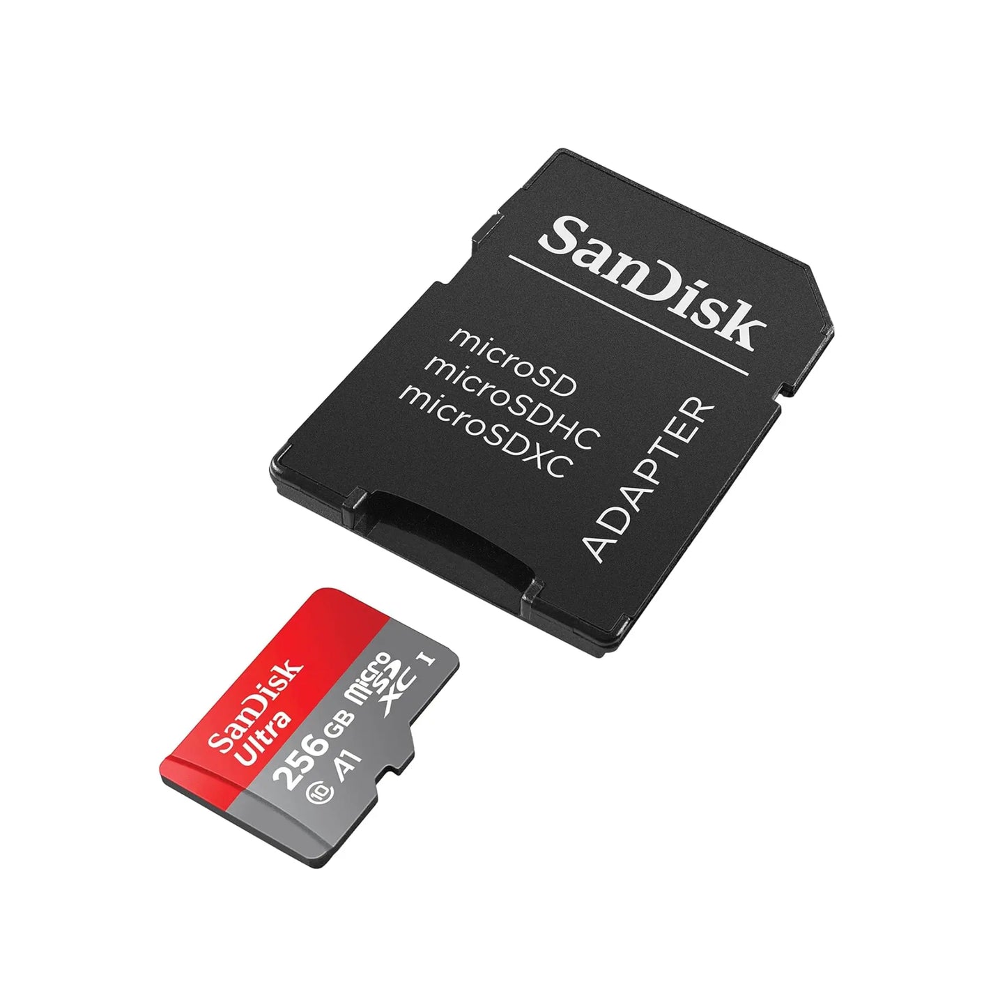 Das Bild zeigt die SanDisk Ultra® microSDXC™- UHS-I Speicherkarte mit 256 GB Speicherkapazität inklusive Adapter.