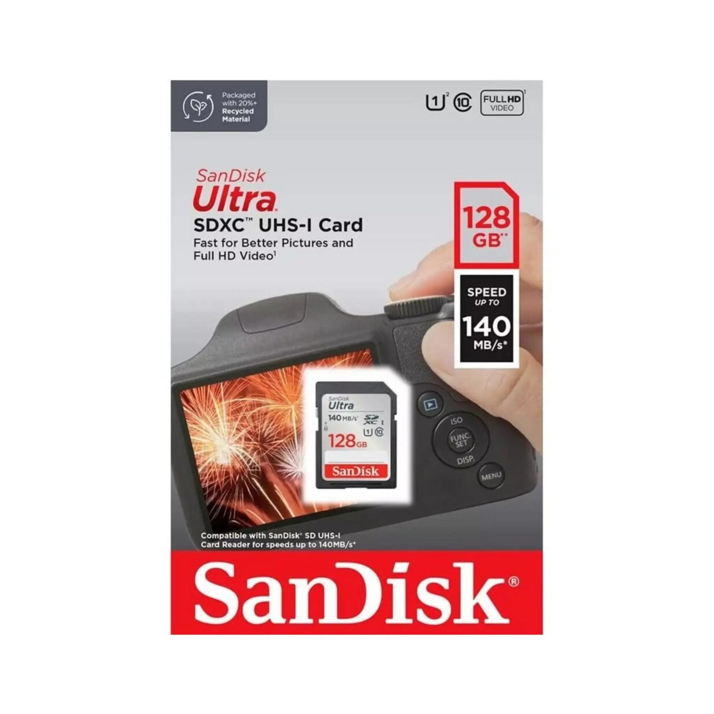 Das Bild zeigt die SanDisk Ultra® SDXC™- UHS-I Speicherkarte mit 128 GB Speicherkapazität.
